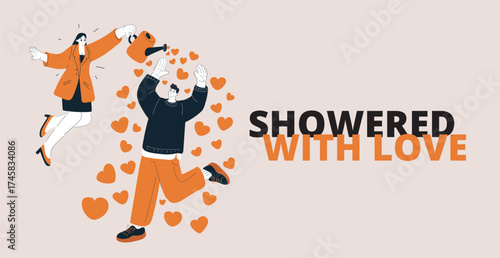 Cartoon vector illustration of a woman sprinkling hearts from a watering can onto a man as a symbol of kindness, emotional support, and spreading love
