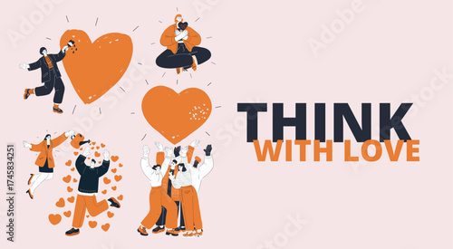 Cartoon vector illustration of men and women expressing love through art, meditation, caring gestures, and teamwork as a symbol of compassion, unity, and collective emotional growth