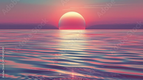 Abstract features a half-circle sun rising above horizontal stripes, representing the sea, set against a soft background