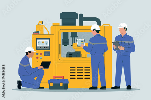 Skilled technicians in blue uniforms maintaining a large yellow industrial machine with digital displays and tools. isolated on white background