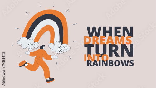 Cartoon vector illustration of a woman running with a rainbow in her hands, seen from behind, as a symbol of freedom, hope, and pursuing dreams