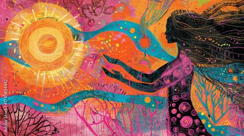 The image depicts a vibrant and stylized scene with a figure holding a spiraling sun