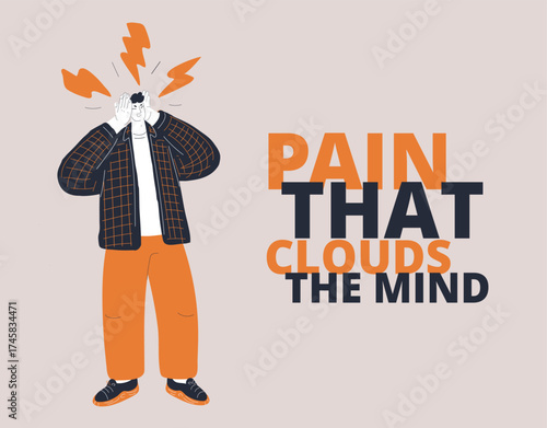 Cartoon vector illustration of a man holding his head in pain as a symbol of stress, fatigue, and mental overload