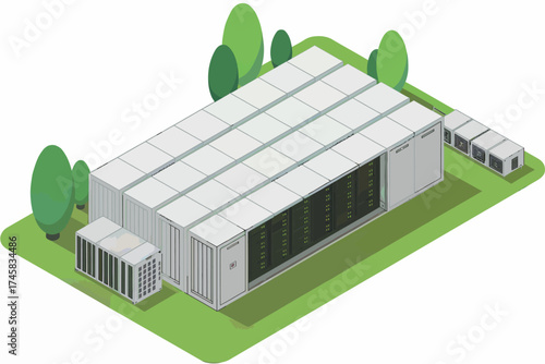 Modern data center facility with server racks and greenery isometric view isolated on white background