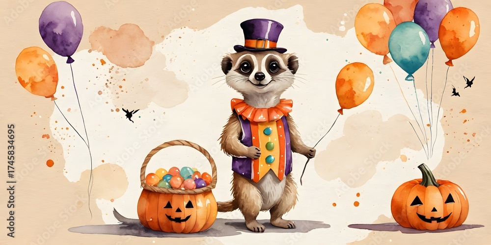 Fototapeta premium Cute meerkat in halloween costume with balloons and pumpkins watercolor illustration 
