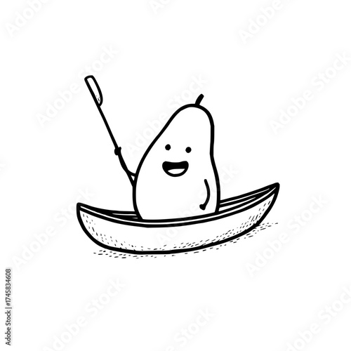 Cute pear character rowing boat vector illustration funny fruit drawing happy pear in boat cartoon style image art