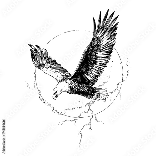 Detailed bald eagle drawing flying with wings spread in black and white against a circle background