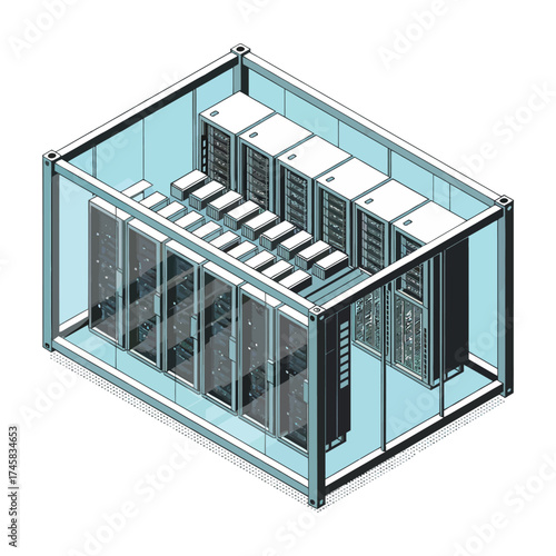 Modern server rack configuration with multiple storage units and cooling systems optimized for data centers isolated on white background