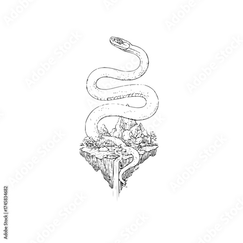 Detailed line art illustration of a snake on a floating island with mountains and waterfall design artwork