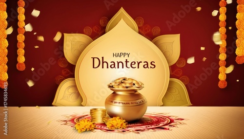 Happy Dhanteras Greeting, Festival of Wealth AI Image with Gold Coins and Diyas