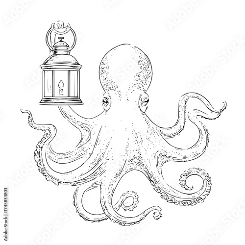 Octopus holding lantern drawing nautical illustration sea creature marine life ocean animal vintage style artwork