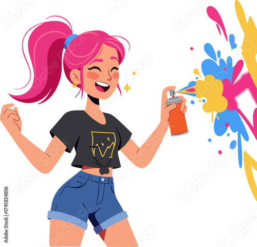 Cartoon Happy Girl with Pink Hair Spraying Colorful Paint Art