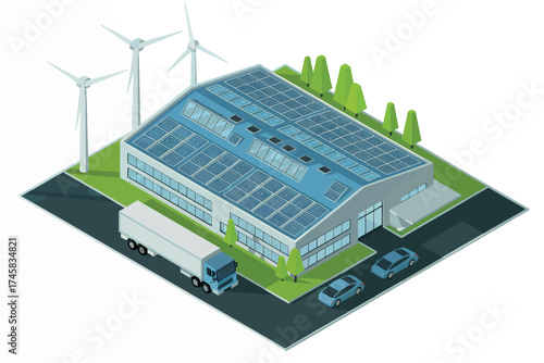 Sustainable building with solar panels wind turbines and electric vehicles promoting eco friendly energy solutions isolated on white background