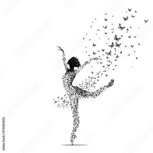 Butterfly ballerina dance silhouette vector art design for posters and creative projects with black and white theme