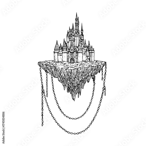 Fantasy castle on floating island drawing black and white detailed architecture illustration for fantasy art fans