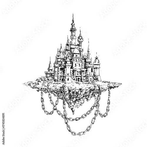 Floating castle drawing fantasy architecture sketch chained island medieval fortress illustration vector art
