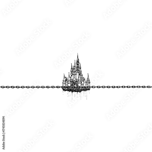 Fantasy castle sketch chained kingdom illustration fairytale architecture drawing fantasy art black and white graphic design