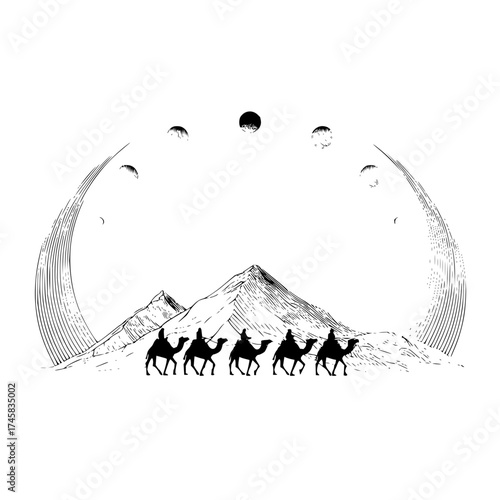 Camel caravan desert landscape moon phases vector illustration travel adventure graphic design silhouette drawing art 100