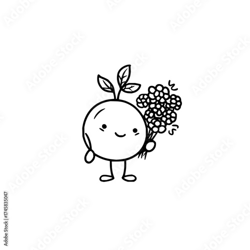 Cute cartoon plant character holding flowers vector illustration drawing for kids and botanical designs