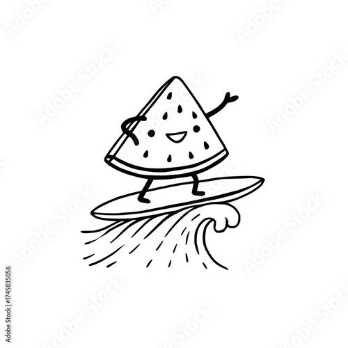 Cute watermelon surfing summer vibes illustration for t shirt design and summer party invitation design ideas