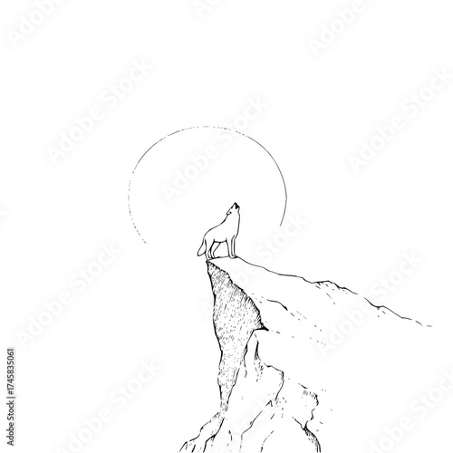 Lone wolf howling at the moon on a cliff drawing illustration black and white nature animal wildlife art