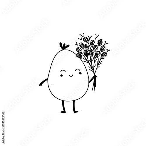 Cute egg character holding flower bouquet illustration for greeting card design and printable art project