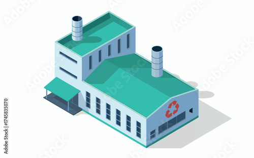 Modern industrial factory building with green roof isometric view for business and manufacturing concepts isolated on white background