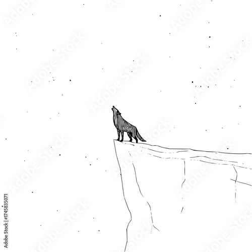 Lone wolf howling at night sky illustration drawing on cliff edge with stars black and white art print design