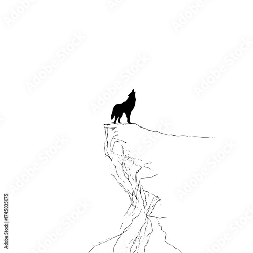 Lone wolf howling silhouette on a cliff edge black and white illustration isolated wildlife nature drawing art 100