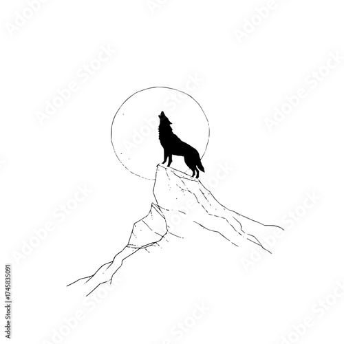 Wolf howling at moon vector illustration drawing silhouette on mountain peak wildlife animal nature art print
