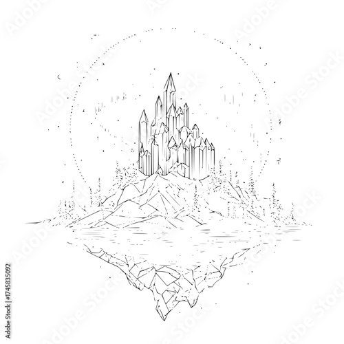 Crystal castle landscape drawing vector illustration mountain and lake fantasy art line work design isolated on white