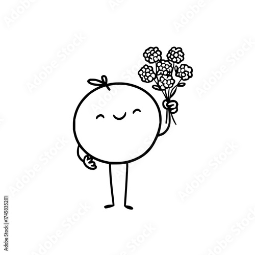 Cute cartoon character with flower bouquet vector art illustration for graphic design and decoration project