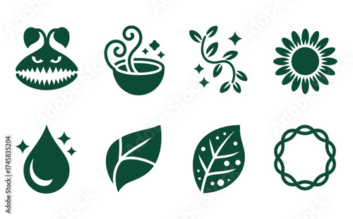 Nature and flora silhouettes including carnivorous plants potion bottles vines sunflowers water drops leaves and thorns perfect for botanical, natural health or witchcraft artwork