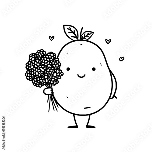 Cute potato character holding flower bouquet vector illustration line art drawing for greeting card and design 100