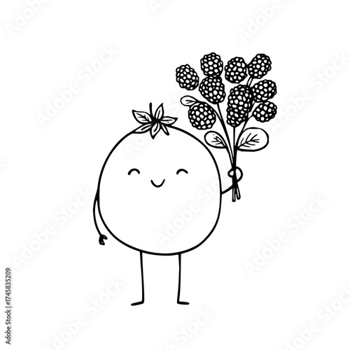 Cute cartoon fruit character holding a bunch of blackberries illustration vector art design for kids and adults