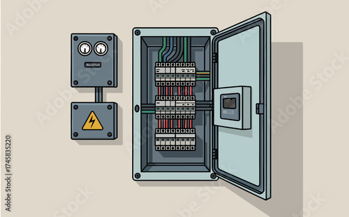 Detailed electrical junction box and control panel with warning sign for industrial safety and power distribution isolated on white background
