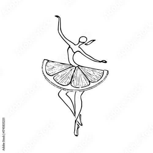Ballerina dancer with lemon fruit tutu sketch drawing vector illustration art design black and white outline