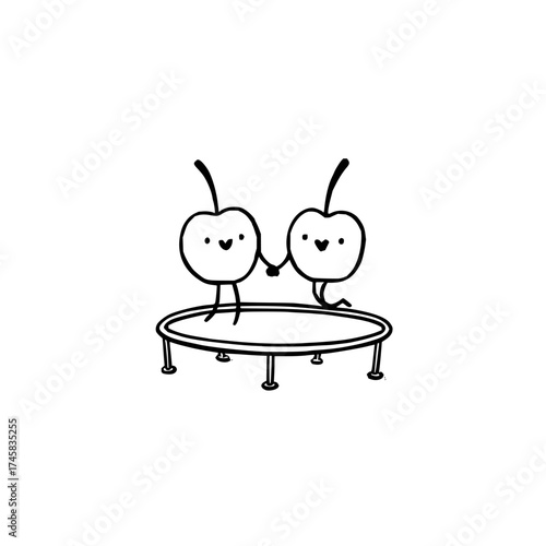 Cute cherry fruit characters holding hands jumping on trampoline vector illustration design element drawing