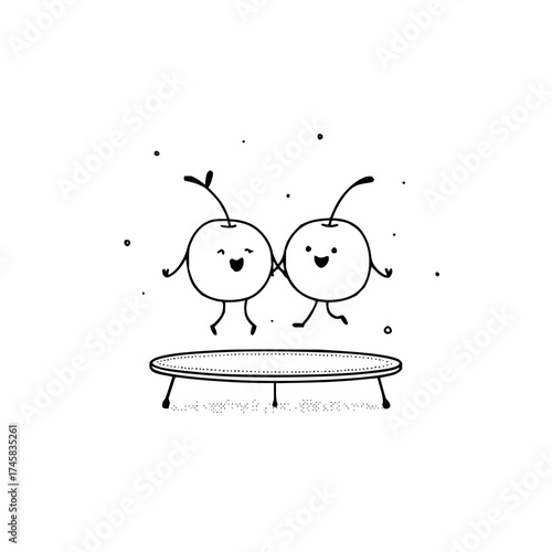 Cute cherry fruit cartoon characters jumping on trampoline vector illustration design for kids and adults