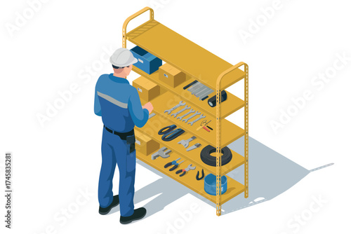 Worker organizes tools on yellow shelving unit isometric view industry and maintenance scene isolated on white background