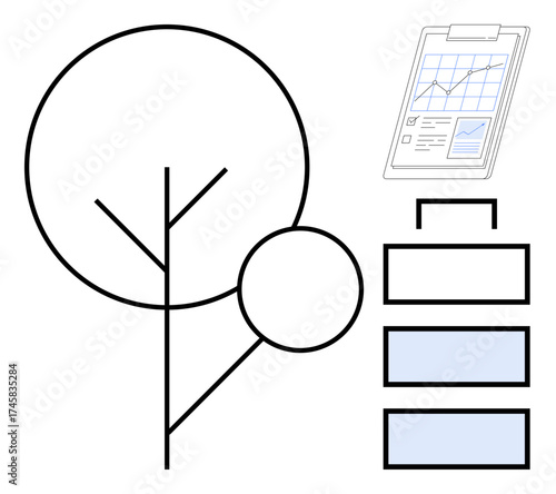 Tree with minimal design beside data analytics report and battery representation. Ideal for sustainability, growth, environment, renewable energy, analysis, eco-business, and clean technology. Simple