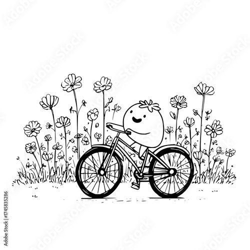 Cartoon character cycling through a flower field illustration black and white line art vector image