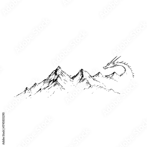 Dragon mountain sketch drawing vector illustration fantasy landscape peak adventure travel scenic line art design 100