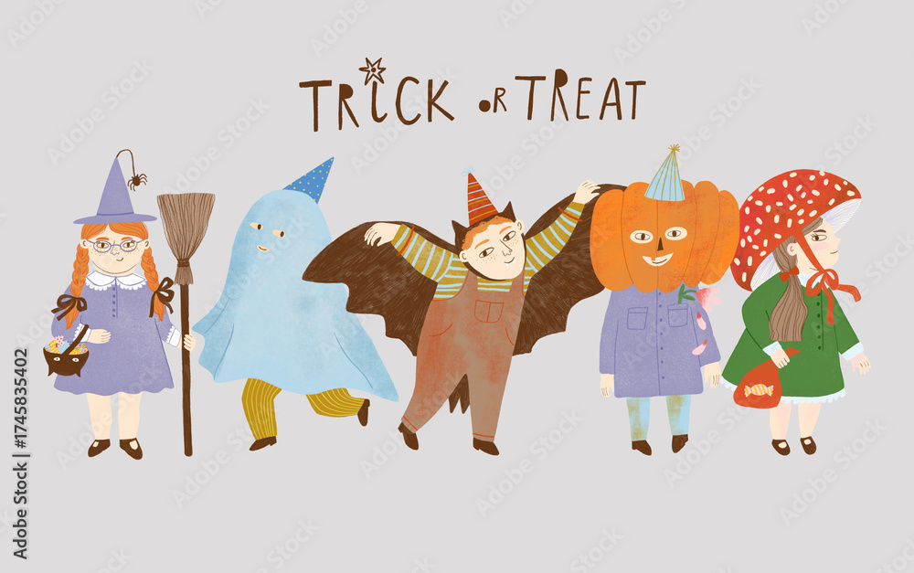 Naklejka premium Little kids in halloween costumes