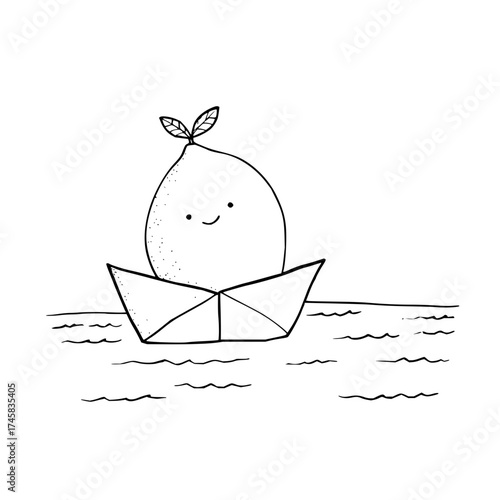 Cute lemon fruit character sailing in paper boat on water black and white line art vector illustration