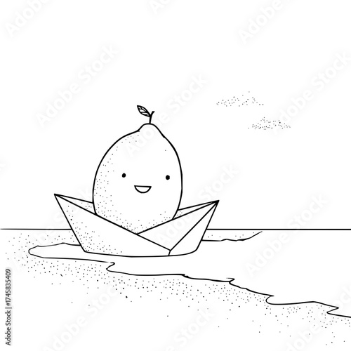 Cute lemon character sailing in paper boat drawing illustration for kids coloring pages and art projects