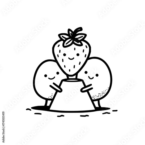 Cute strawberry dessert illustration with happy egg friends vector drawing and outline design for food lovers