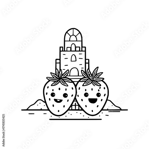 Cute strawberries with faces and sandcastle outline vector illustration summer vacation drawing for kids coloring book
