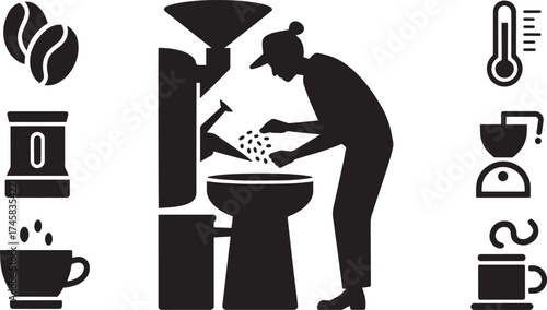 Coffee roaster silhouette roasting beans with coffee related icons in transparent background