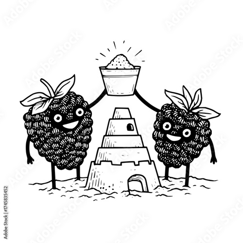 Cartoon blackberries building sandcastle on beach illustration summer vacation fun fruit character art vector 100
